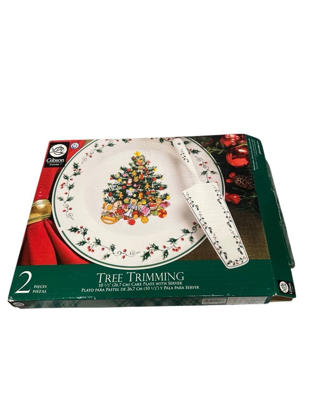 Gibson White Tree Trimming Cake Plate and Server Set 10 1/2  inch NEW in orginal